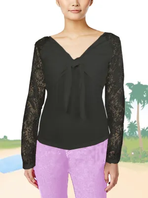 ASHORE WOMENS BOW-TIE STRETCH LACE BLOUSE