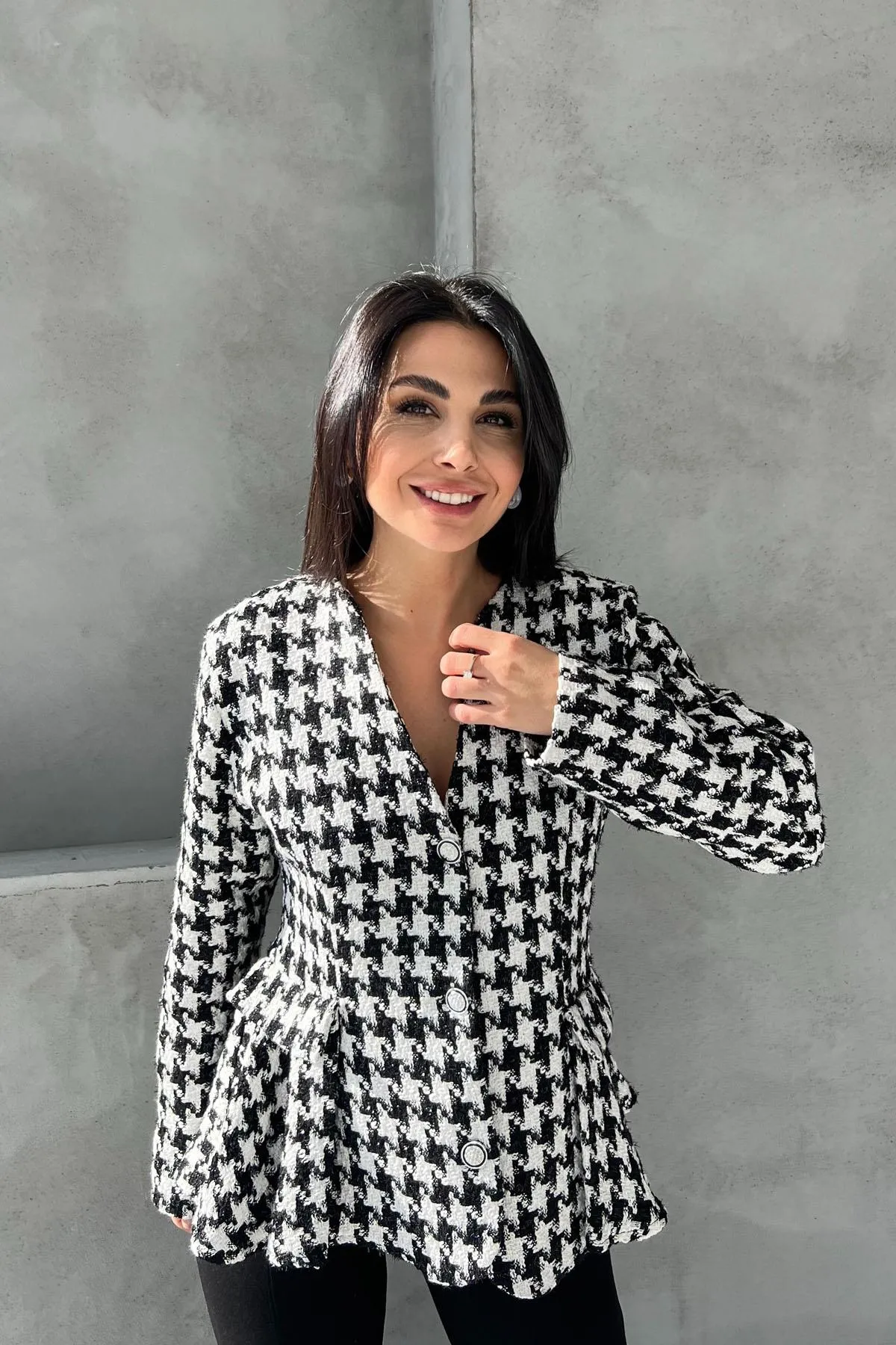 Black Houndstooth Ribbon Detail Design Jacket