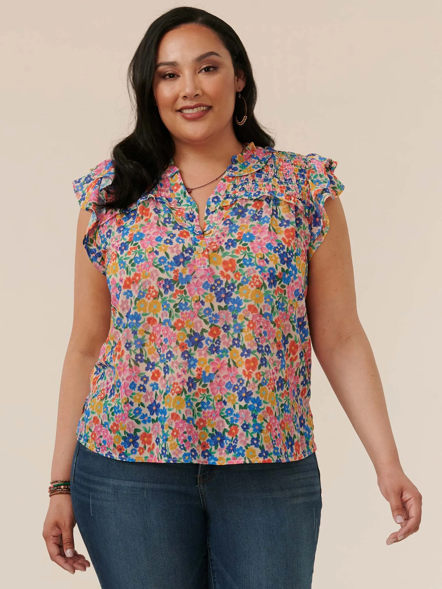 Double Flutter Sleeve Ruffled Plus Woven Floral Print Top