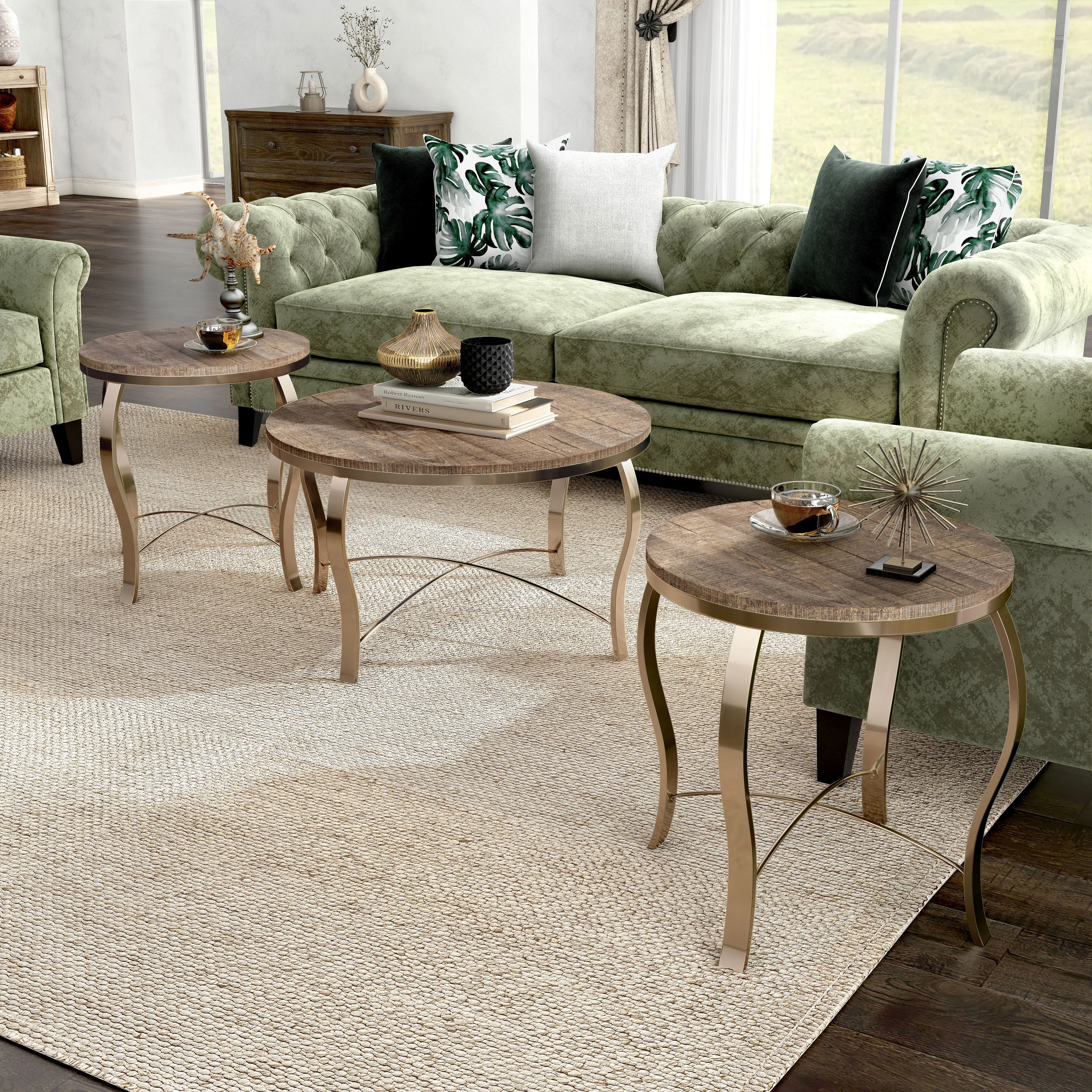 Orellia Rustic Oak On Champagne Metal 3-Piece Round Accent Table Set