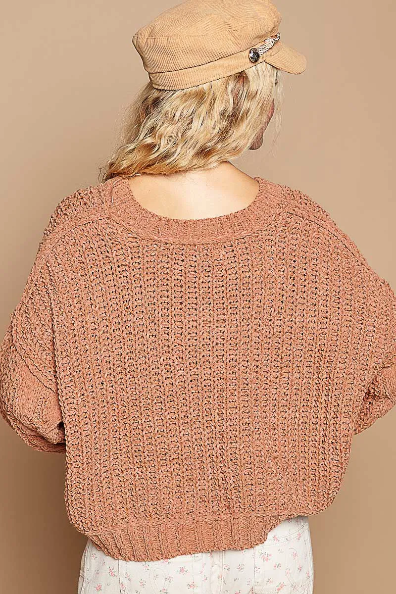 Pumpkin Fall V-Neck Balloon Sleeve Chenille Sweater