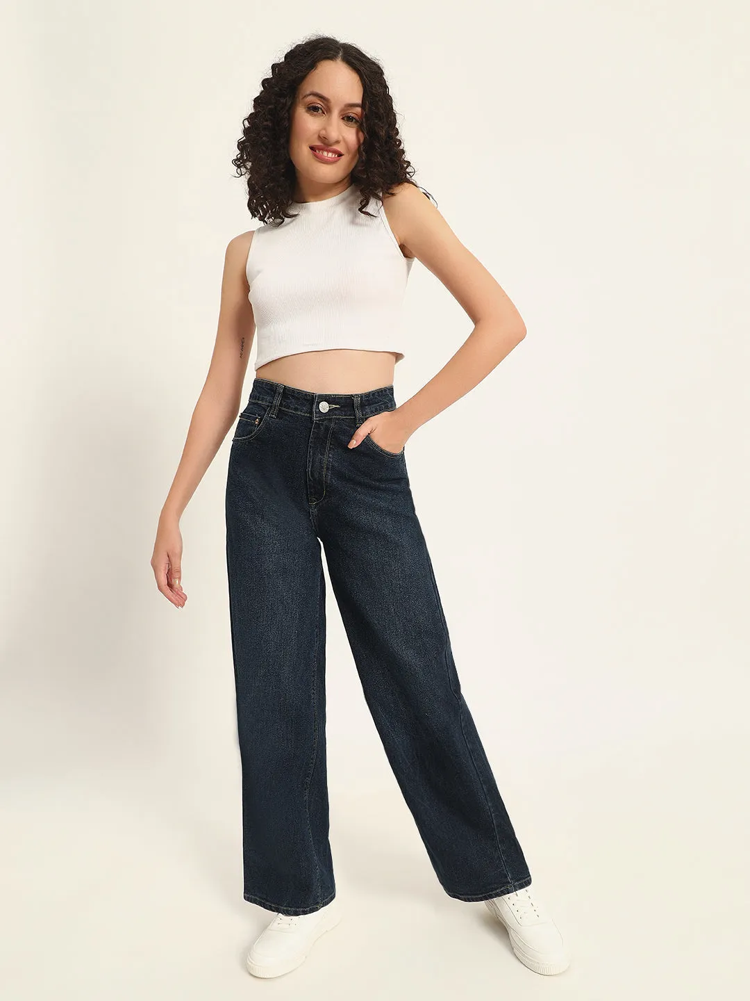 WOMEN BLACK WIDE LEG STRETCHABLE JEANS